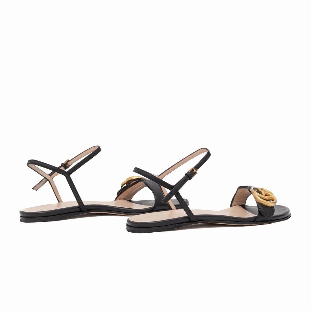 Gucci Black Leather GG Marmont Ankle Strap Flat Sandals Size 35 US 5 - Picture 6 of 16
